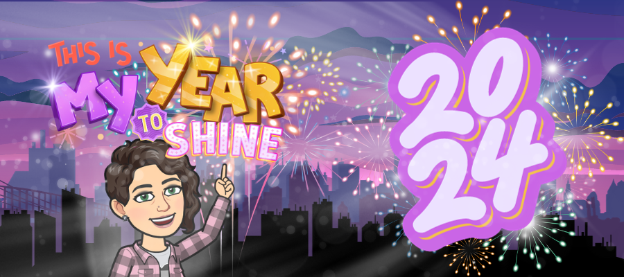 A cartoon image of Haly says "This is my year to shine!" on the left, with 2024 on the right. The image makes use of twilight, a cityscape, and fireworks all in an illustration style.